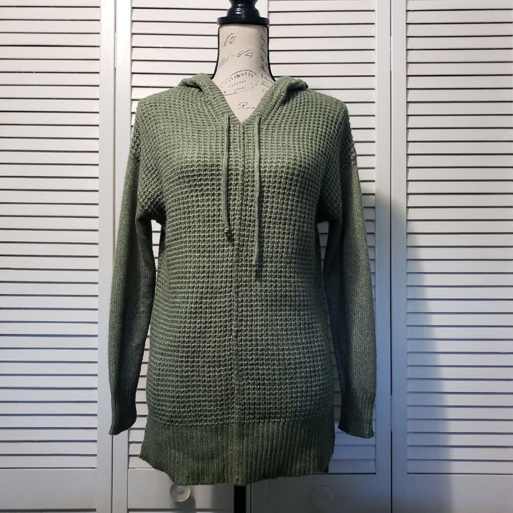 Cynthia Rowley Hooded Waffle Knit Sweater Women's Size XS Green Pullover Soft